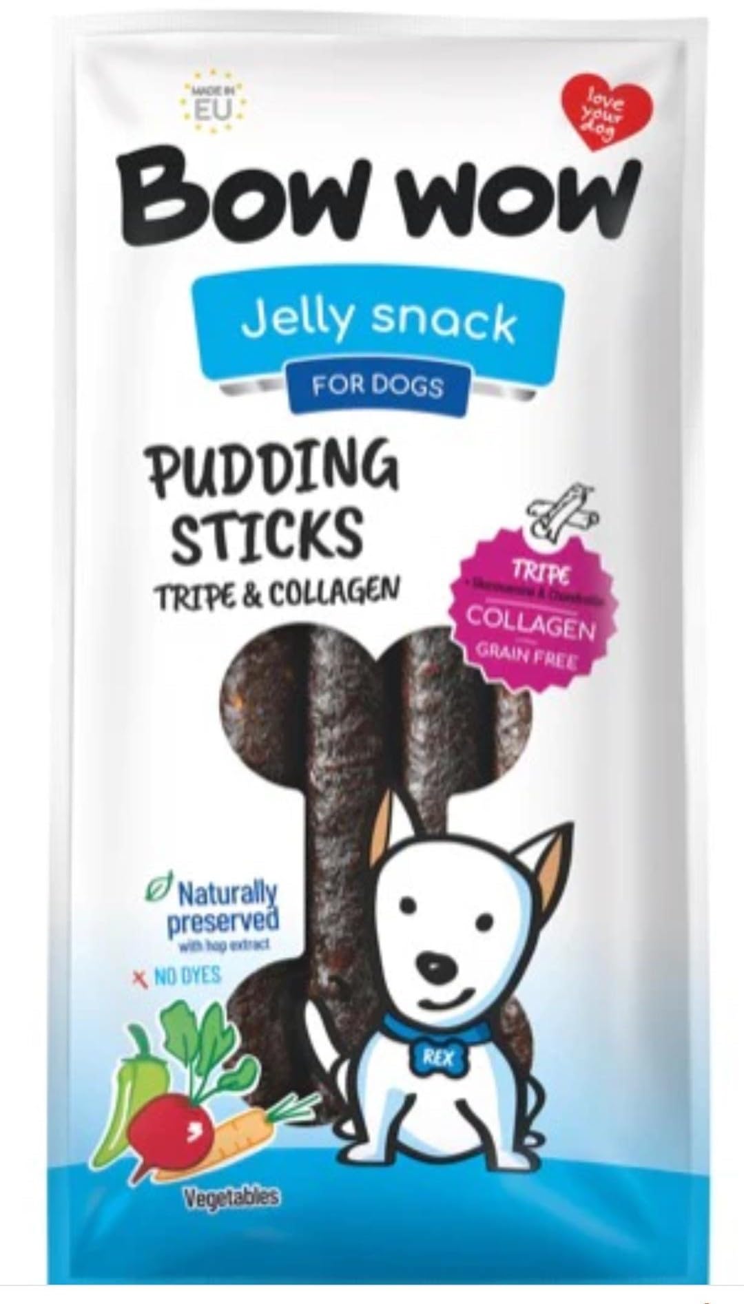 Klassy K9 Bow Wow pudding sticks for dogs tripe and collagen caramel flavour 6 x 165g sticks in pack for dogs over 6 months