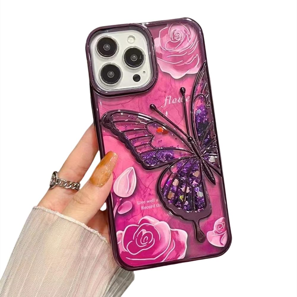 Coque iPhone 14 Pro Max pailletée violette avec pare-chocs fleur 3D anti-choc et design dégradé - 6