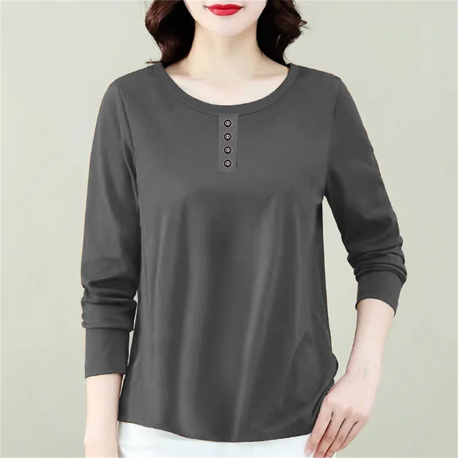 Camiseta básica holgada con botones para mujer, color liso, cuello redondo, manga larga