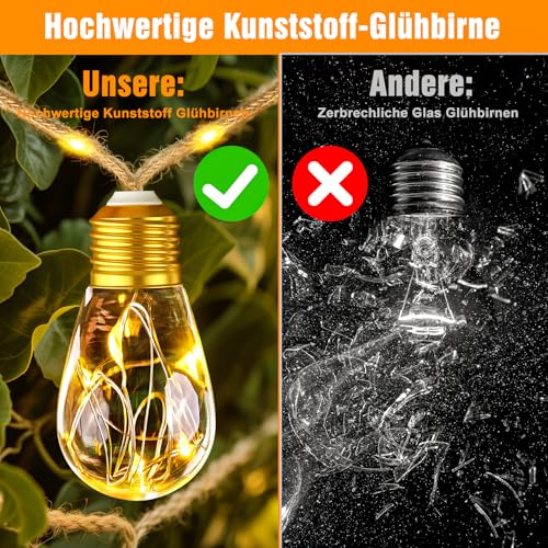 Ciskotu Solar Lichterkette Aussen, 8.0M 16 Glühbirnen 8 Modi (160+60) LED Hanfseil Lichterkette Außen Wetterfest Gartenleuchte, Vintage Outdoor Hanfseil Lichterkette für Garten, Balkon,Terrasse