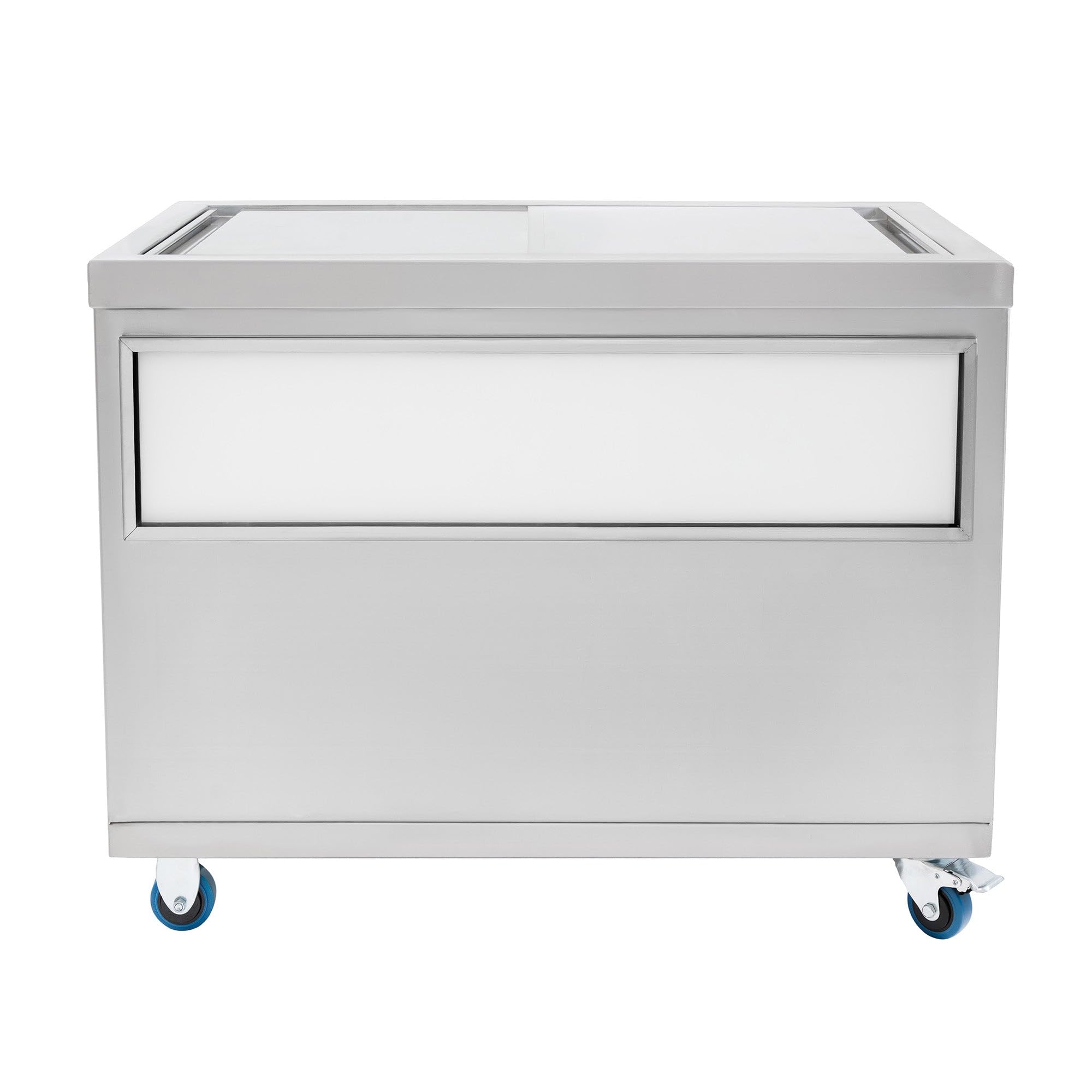 KuKoo Carrello Portaghiaccio Mobile 109L in Acciaio Inox con Ruote 100 cm (39,4"), Coperchio Diviso Rimovibile, Armadietto Scorrevole, Lavagna Magnetica, Apribottiglie per Eventi e Bar