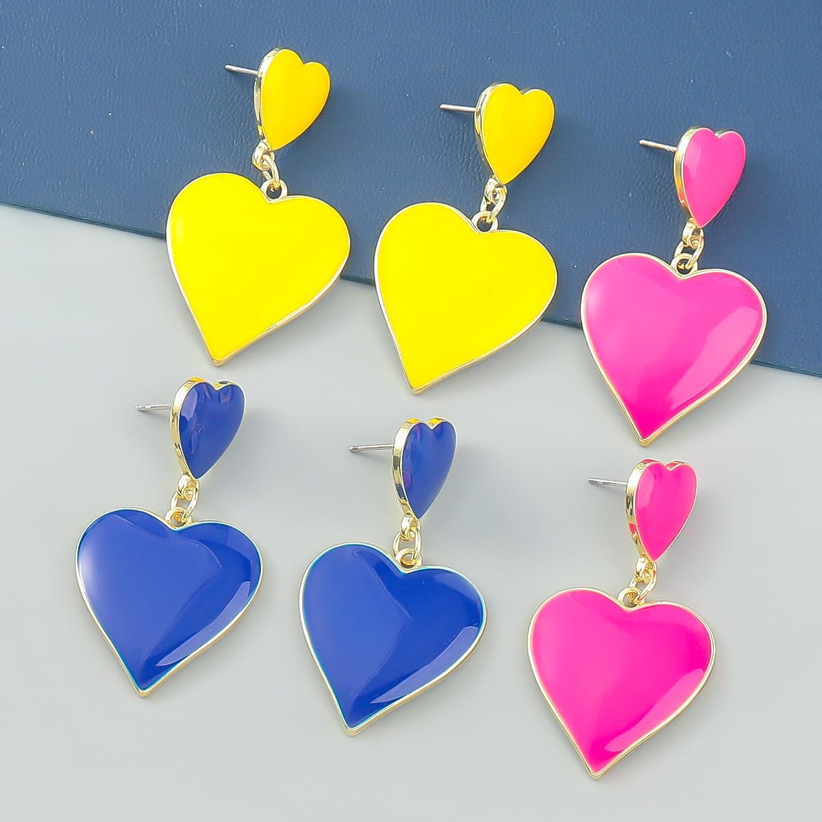 Dainty Heart Earrings for Women Multicolor Enamel Double Heart Stud Drop Earrings Jewelry - Image 3