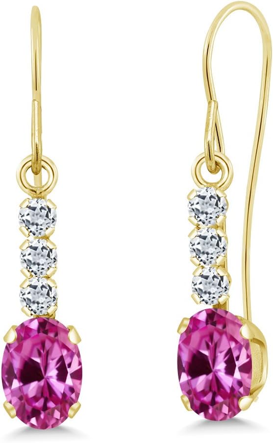 Gem Stone King 10K Yellow Gold Pink Created Sapphire and White Topaz Drop Dangle Earrings For Women (1.44 Cttw, Gemstone September Birthstone, Oval 6X4MM)