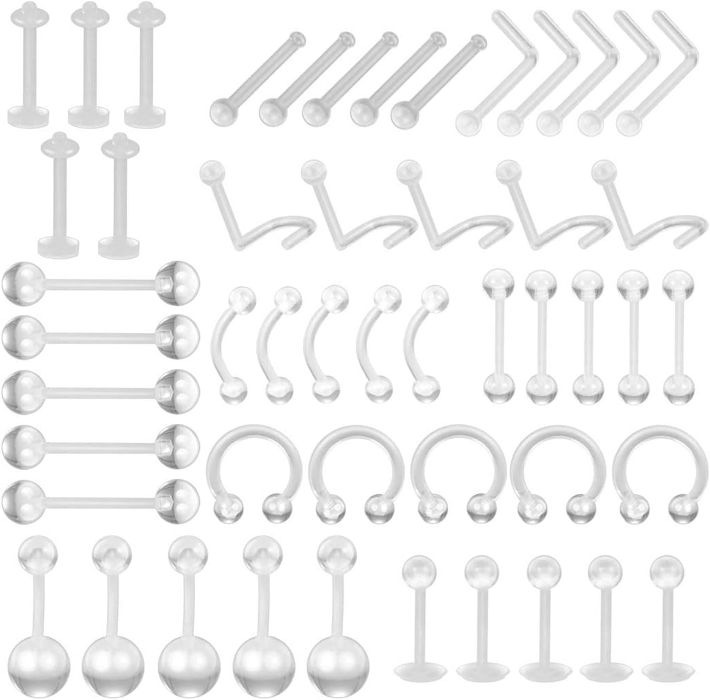 14G 16G Clear Piercing Retainers Flexible Bioflex Belly Button Ring Lip Labret Piercings Retainer Eyebrow Tongue Barbells Cartilage Tragus Earrings Retainer Nose Septum Industrial Barbell