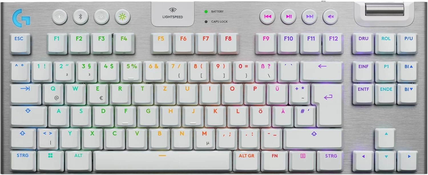 Logitech G G915 X Lightspeed TKL - Flache kabellose Gaming-Tastatur mit Double-Shot-PBT-Tastenkappen, RGB-Hintergrundbeleuchtung, braunen taktilen GL-Switches für PC/Mac, DEU QWERTZ-Layout - Weiß
