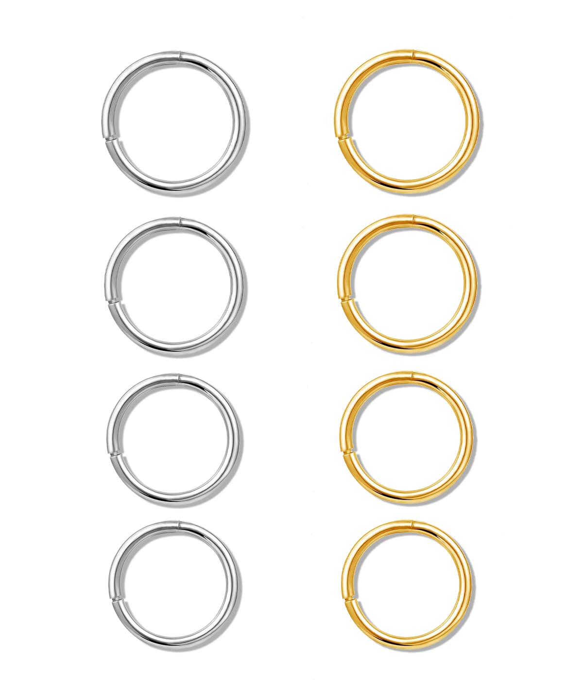 REQAG 8PCS Anillos de Nariz Pendientes de Aro,316L Acero Quirúrgico Sleeper Pendientes de Aro Septum Clickers Anillo de Segmento con Bisagras,Piercing de Lóbulo de Caracol Oro+Plata
