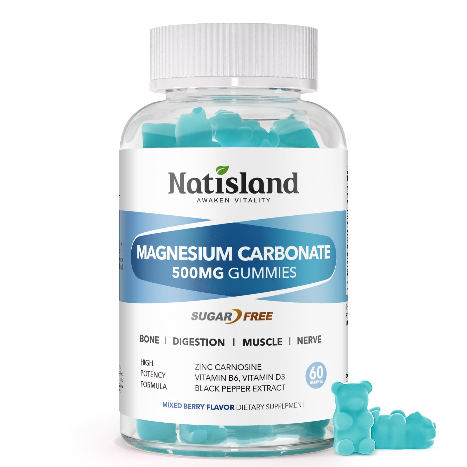 Magnesium Carbonate Gummies 500mg, Chewable Magnesium Supplement for Digestive Support, Muscle & Nerve Health, with Zinc, B6 & D3, Sugar Free, Vegan, Mixed Berry Flavor, 60 Counts