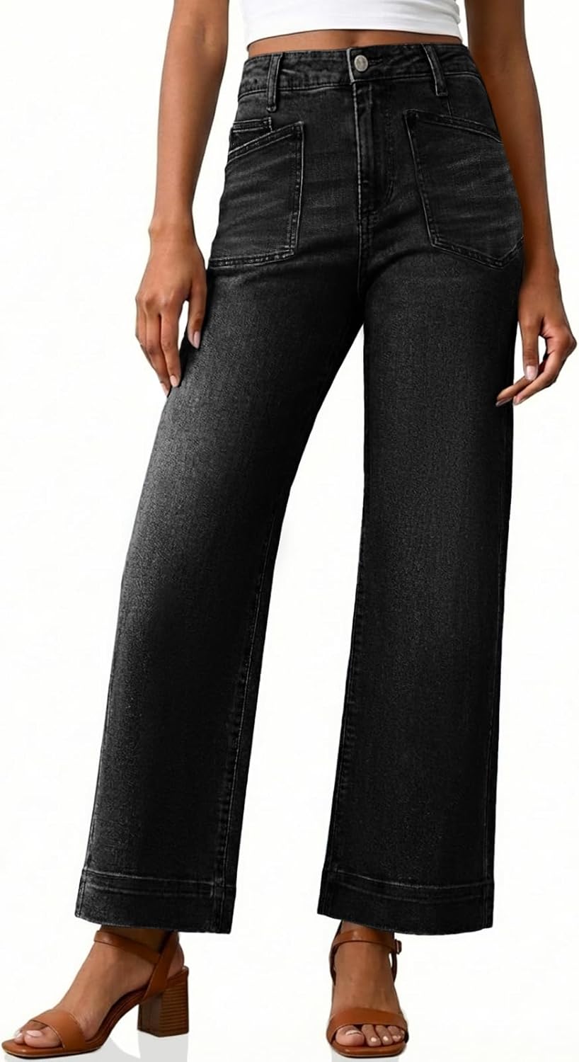 Cicy Bell Womens Cropped Wide Leg Jeans Stretchy High Waisted Trendy Capri Baggy Denim Ankle Pants with Pockets