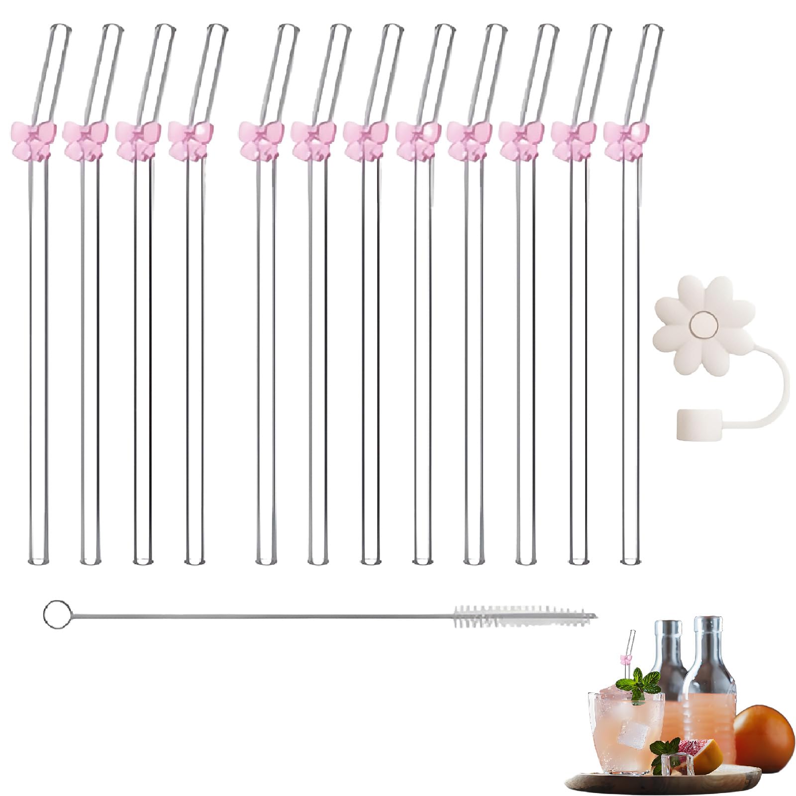 14 PCS 20cm Glass Straws with Charms, Clear Straws Glass Straws Drinking