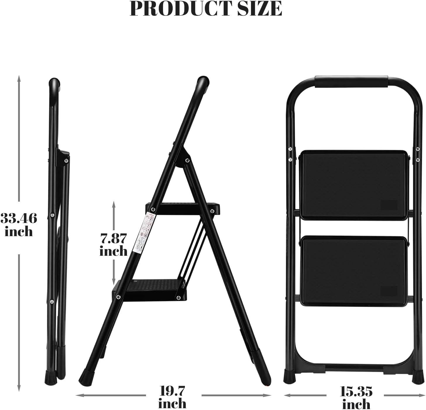 Step Stool for Adults,2 Step Ladder Folding 330lbs Anti Slip Step Stool,Foldable Ergonomic 2 Steel Stool with Wide Pedal for Home, Kitchen, Office (Black)