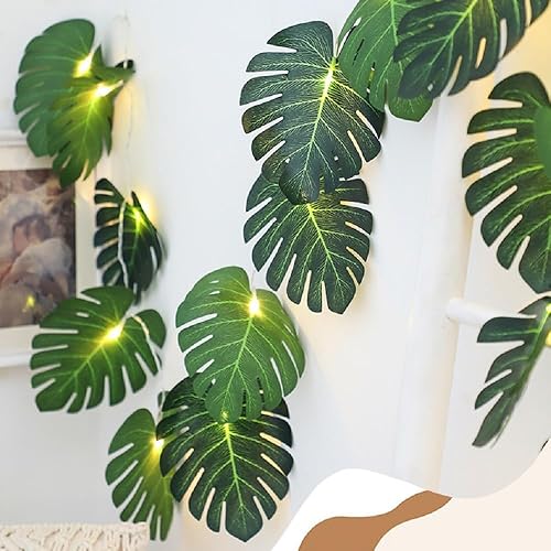 Miniatura 3 de WEISPARK Guirnalda de 20 luces LED de hojas de palma, hojas de Monstera artificiales tropicales para colgar en la pared para fiesta hawaiana Luau