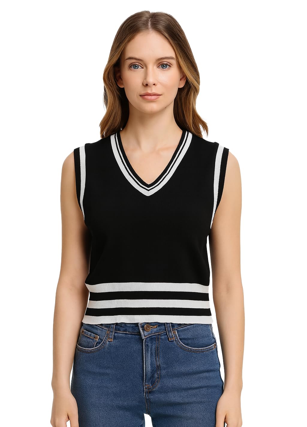 Women's Classic V-Neck Sweater Vest – Contrast Stripe Knit Tank Top DN5K56