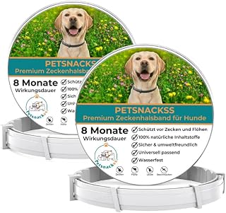 Zeckenhalsband für Hunde (2er Pack) - 100% Natürliche Inhaltsstoffe - bis zu 8 Monate wirksamer Schutz gegen Zecken, Flöhe und Läuse - Universell passend