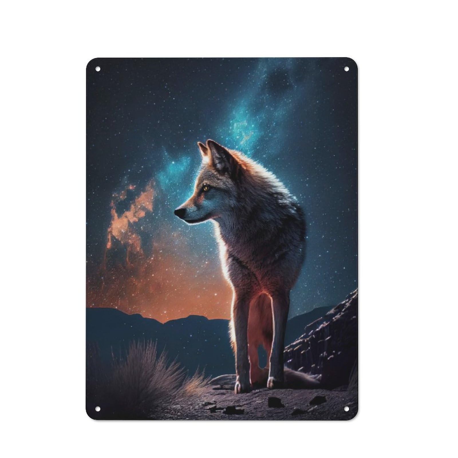 Tin Wall Plaque 40x30cm with Wolf Under The Milky Way for Pub Or Café, for Hospitality Wall Decor Collectors