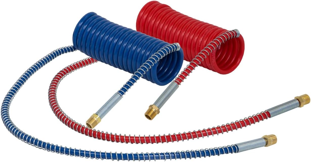Tectran Industry Grade Aircoil Brake Assembly Set | 12" Pigtail Trailer End Lead | 1/2” NPT Fittings | Quick Installation | (Red & Blue Set, 8' Length x 12" Tractor Lead)