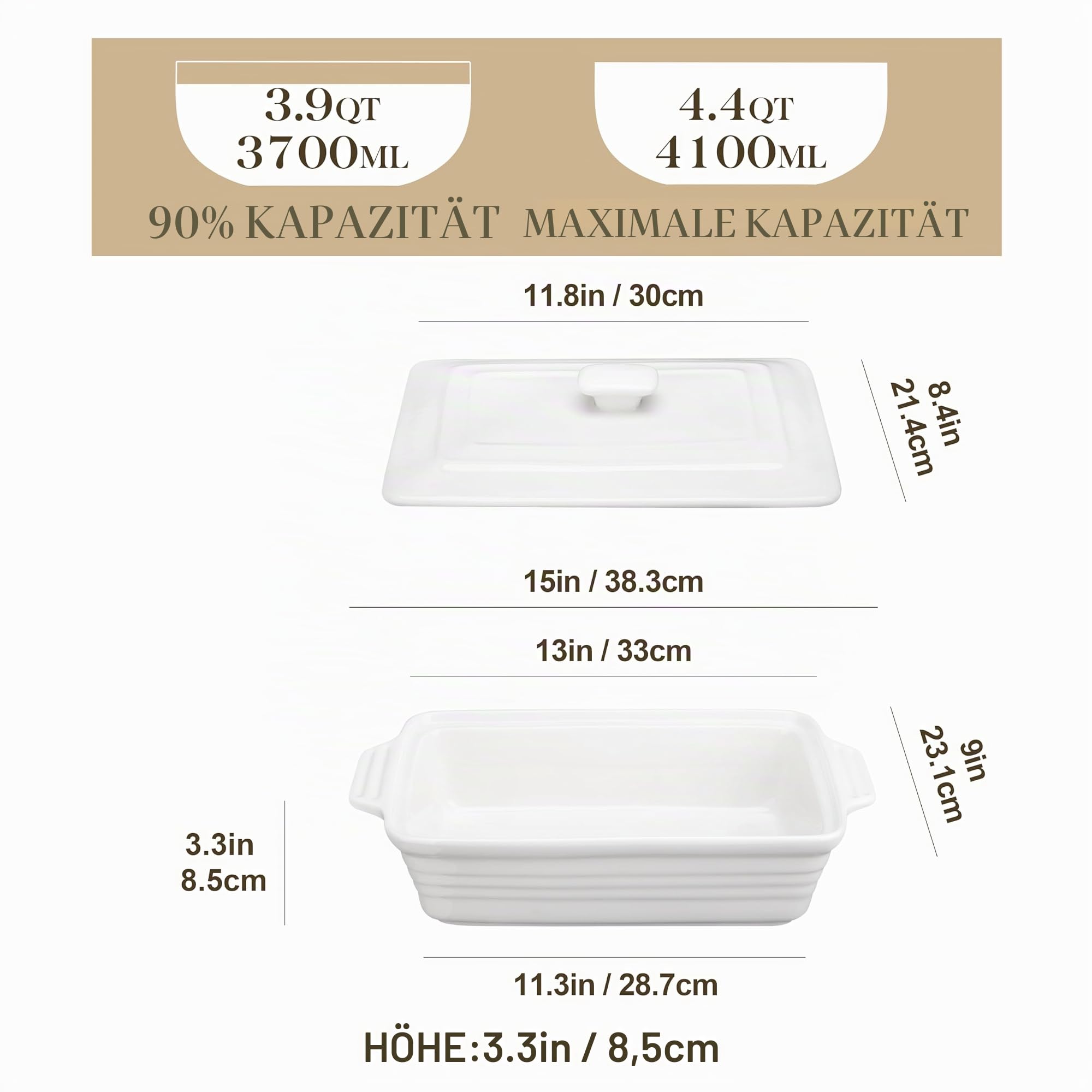 MALACASA Serie BAKE,Große Porzellan Auflaufform mit Deckel - 4100ML - Auflaufform für Brot, Lasagne, Pizza Kuchen-Mikrowelle, Backofen, spülmaschinenfest