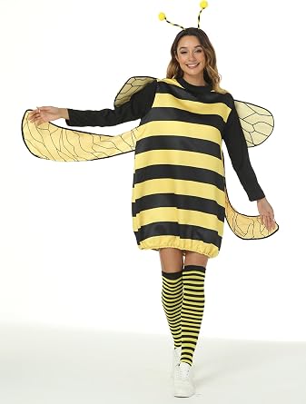 Women Bee Costumes Striped Off Shoulder Mini Tulle Dress and Wings 2Pcs Set | Halloween Bee Outfit, Yellow Bee Cosplay Costume