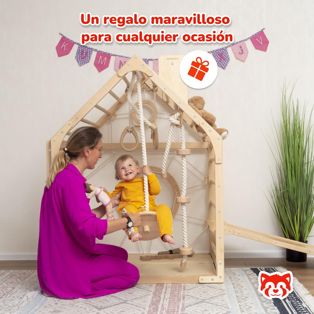 Woodandhearts Gimnasio Montessori de Madera para Bebés – Parque Infantil con Tobogán, Columpio, Rampa, Escalera y Rocódromo – Juego de Escalada y Centro de Actividades Montessori