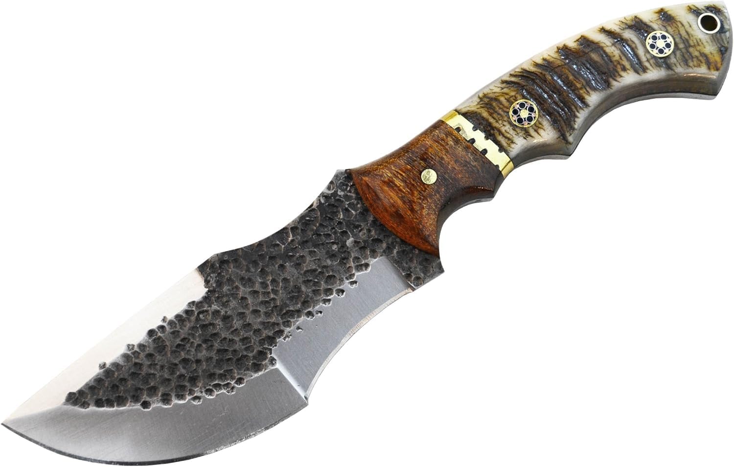 D2 Steel Hunting Knife, Hammered Damascus Pattern, Ram Horn Handle, Leather Sheath (D2 Steel (Hammered), 4.5 inch blade) - Image 2