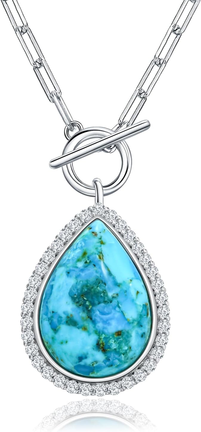 AIBAO 6-18 Cttw Genuine Turquoise/Red Coral/Lapis Lazuli/Malachite Halo Pendant for Women 925 Sterling Silver Paperclip Chain Necklace Western Jewelry