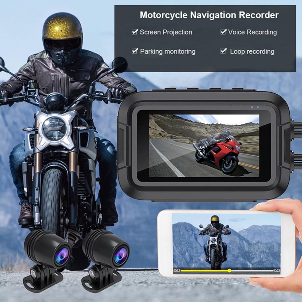 V9 Dashcam per Moto WiFi 1080P Fotocamera Anteriore Posteriore Videoregistratore per Moto Impermeabile con Monitor di Parcheggio Resistente B
