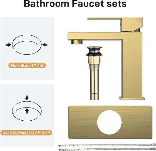 Miniatura 3 de Grifo dorado para fregadero de baño de 1 o 3 agujeros con tapón de drenaje desplegable y mangueras de suministro de agua, grifo de baño moderno sin