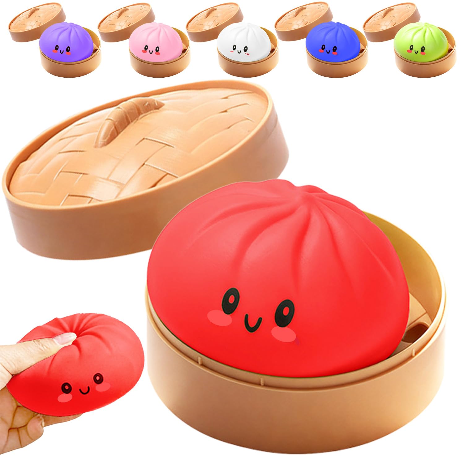 Dumpling Squishy Toy, New Cute Glitter Dumpling Squishy Ball with Plastic Steamer Box, Giant Mystery Dumpling Squishy, Sensory Anxiety Relief Squeeze Toy for Kids & Adults Ages 3+ (Red) — image 1