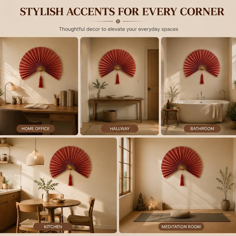 Abanico de Pared de Bambú 100cm, Decoración Japandi con Borla