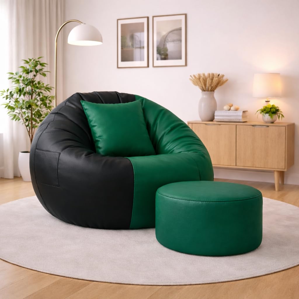 4XL Tear Drop Bean Bag Chair with Footrest & Pillow | Premium Leatherette Bean Bag Cover (Without Beans) Upto 150 Kg Capacity | Living Room Lounger (Black::Bottle Green, XXXXL)-image-48