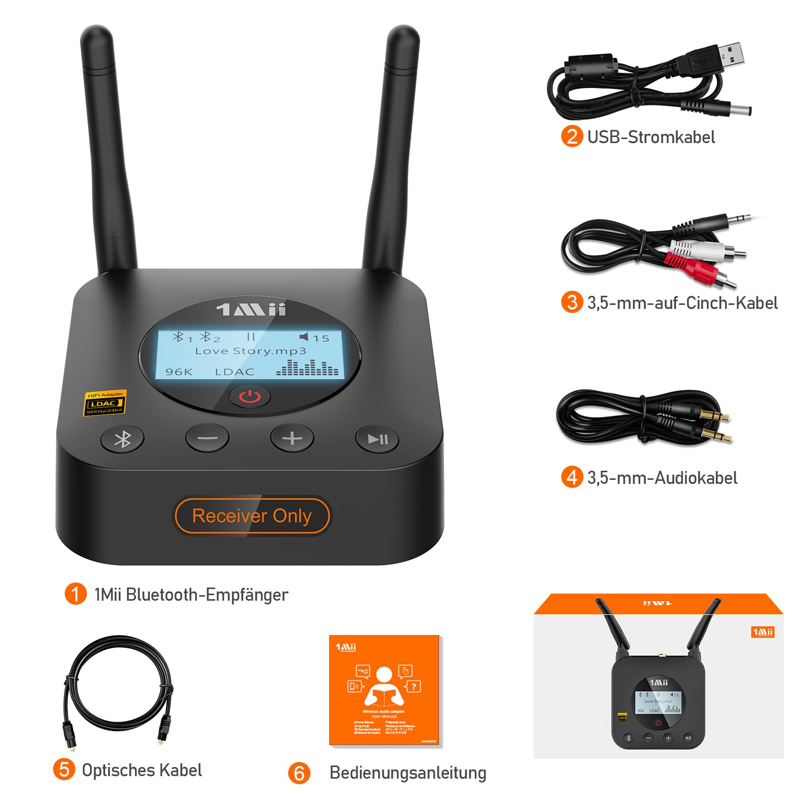 1Mii B06Pro+ HiFi Bluetooth 5.3 Empfänger mit Hi-Res LDAC, aptX HD & Low Latency Bluetooth Audio Adapter für Stereoanlage Lautsprecher, Lautstärkeregler und LCD Display, Optischer 3.5mm AUX