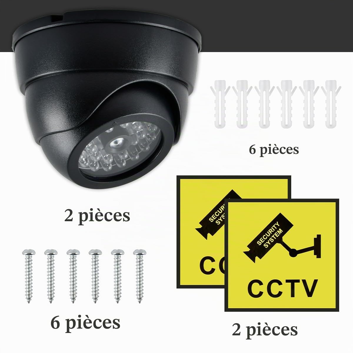 2pcs Caméras Factices de Surveillance CCTV, Fausse Caméra de Sécurité Factice avec Lumière Led Clignotante, Caméra Surveillance Factice Étanche pour Extérieur Intérieur avec 2 Panneaux de CCTV + Vis