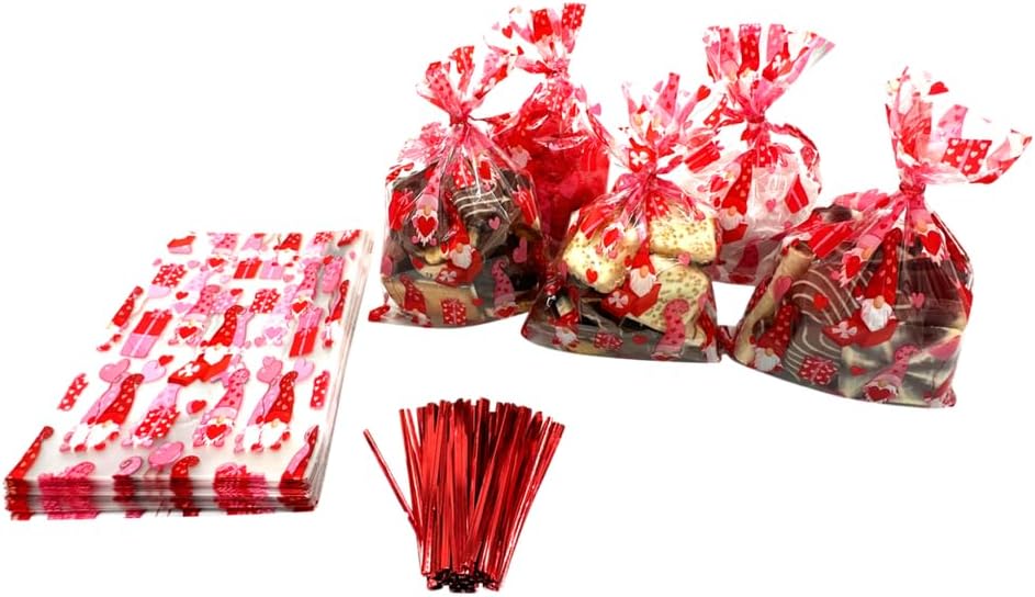 BASHOUT 100 Piece Valentines Treat Bags| Valentine Cellophane Cookie Bags| Valentines Goodie Bags With Twist Ties |Valentine Gnome Candy Bags | Red Pink Valentines Party Favor Bags