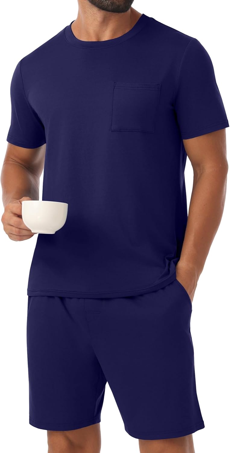 PrinStory Mens Pajamas Set Summer Pajama Sets Soft Pjs Sets 2 Piece Sleepwear with Pockets - Image 2