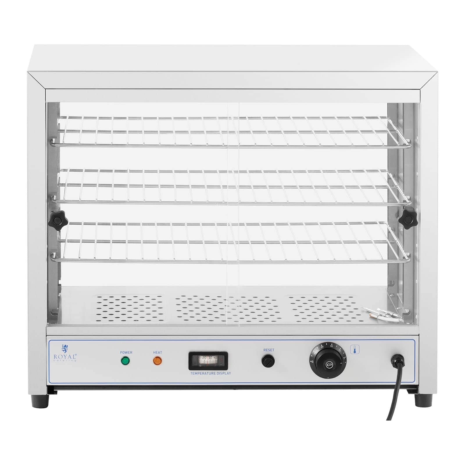 Royal Catering RC-WC001 Vitrine Chauffante Présentoir Chauffant De Maintien Au Chaud À Poser(1 000 W, 30 - 85 °C, 3 Grilles De 56,6 x 30 cm)