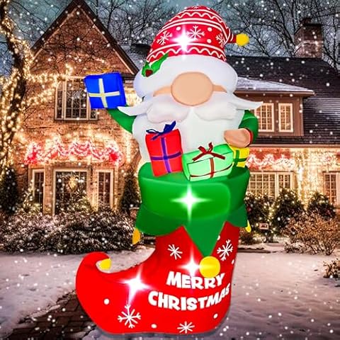BLOWOUT FUN Christmas Inflatables 5FT Gnome Holding Gift Box in Sock Decoration, LED Lighted Blow Up Art Decorations Weatherproof Holiday for Indoor Outdoor Garden Patio Lawn Party Xmas Gifts Decor Cover