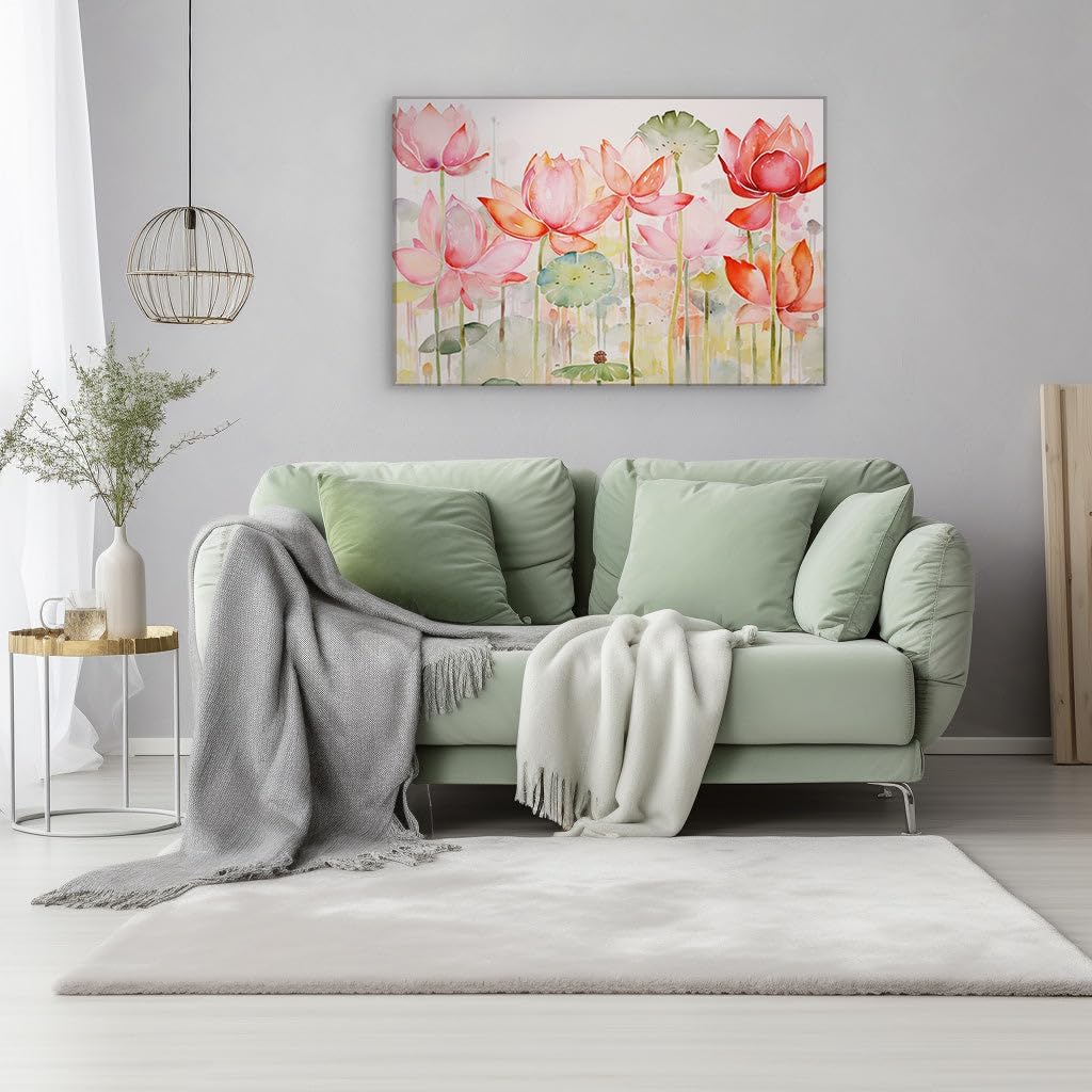 Canvas for Living room. Tranquil Elegance: Lotus Flowers in Full Bloom Adorn Vibrant Green Tapestry, 27 x 18 inch Canvas Wall Art - Contemporary Masterpieces - Botanical Home Decor - 27 x18 inch
