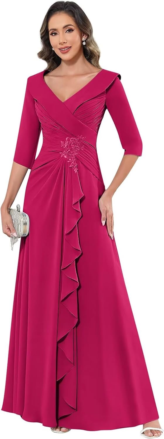 OFEECHUN 3/4 Sleeve Chiffon Mother of The Bride Dresses for Women Long Lace Ruffle Evening Formal Gowns