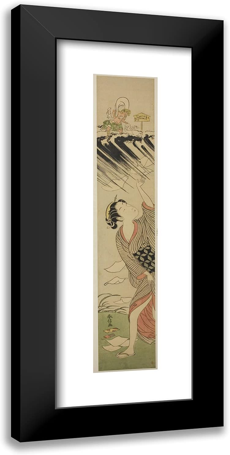 ArtDirect Suzuki Harunobu 11x24 Black Modern Framed and Double Matted Art Print Titled an Inauspicious Day