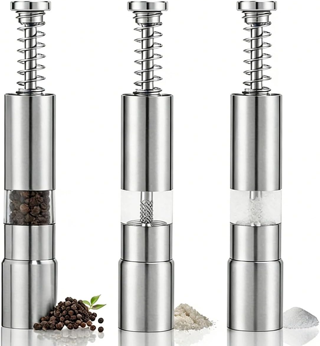 3PCS Stainless Steel Mini Pepper Grinder, Refillable Salt and Pepper Grinder Set with Push Button, Manual Peppercorn Grinding Tools for Sea Salt and Spice