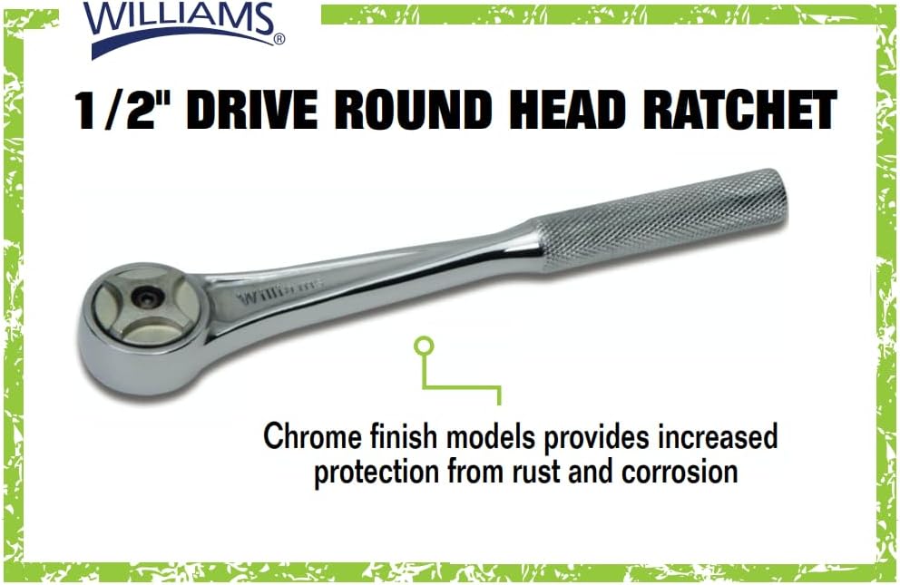 Williams JHWS-52A 1/2-Inch Drive Round Head Ratchet with Chrome Finish, Knurled Grip Handle, Double Pawl Design, 72 Tooth Gear Engagement - 11-5/16 Inches
