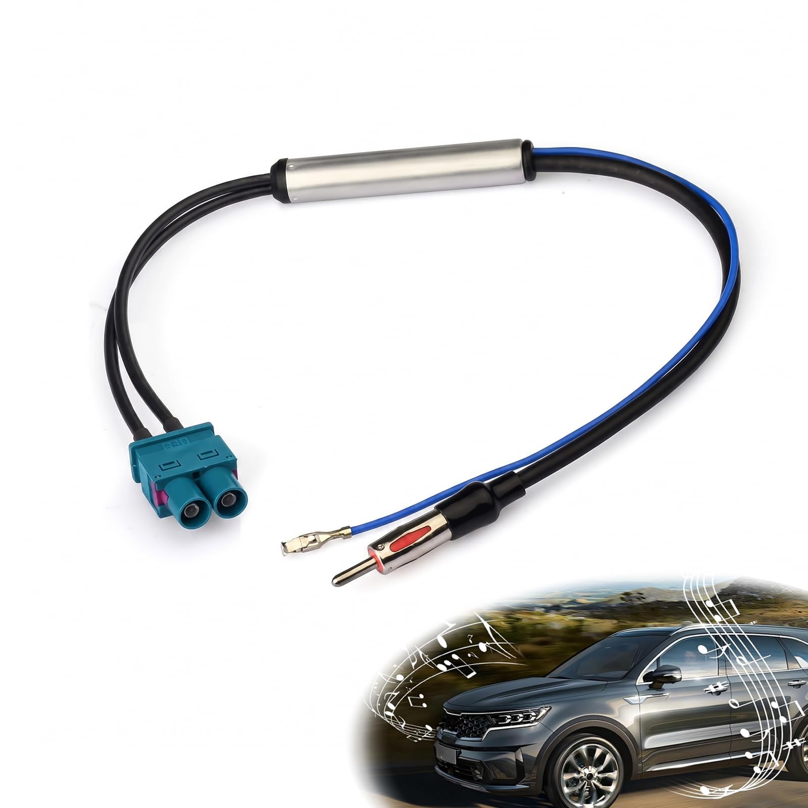 Migliore ricezione radio senza rumore: adattatore doppio Fakra a DIN con amplificatore di segnale per autoradio, alimentazione phantom da 12 V, compatibile con VW, Audi, BMW, Skoda, 30 cm