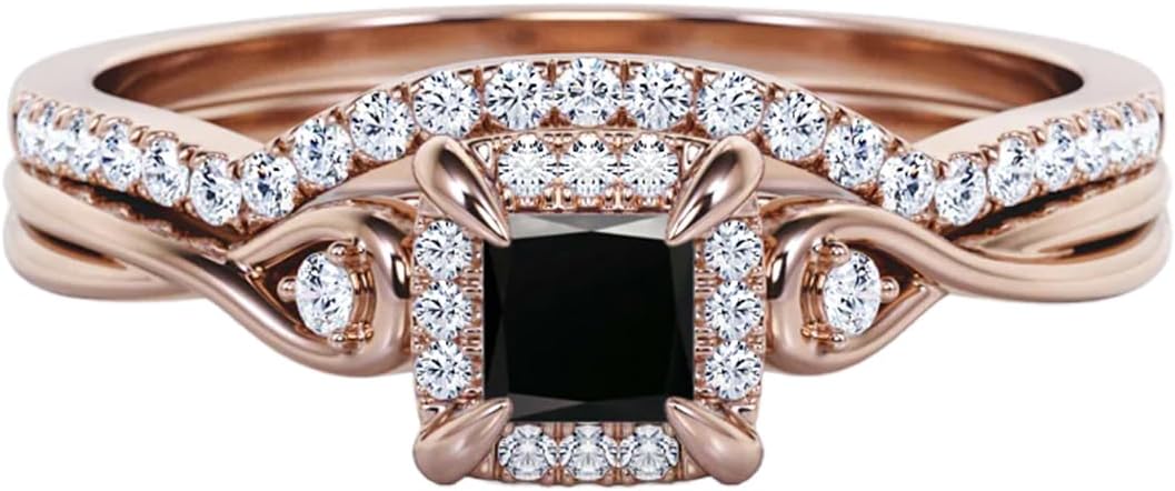Black Onyx Wedding Ring Set for Women 925 Sterling Silver 10K 14K 18K Gold Halo Bridal Ring Set with 1CT Princess Cut Black Onyx Engagement Ring Set for Women
