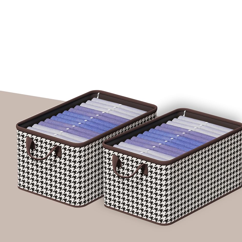 Image of PRIME PICK Foldable Clothes Storage Organizer Box with Handles, Non Woven Wardrobe Storage Bag for Clothes, Blankets and Toys, Black White (Black White Pack of 2)