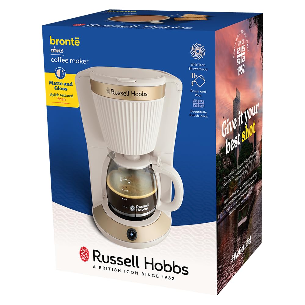 Russell Hobbs filtr ekspres do kawy [1,25 l, 1100W] Brontë Stone (technologia WhirlTech, Drip stop, Keep Warm, szklana karafka, okienko wody, funkcja przerwy i nalewania, przycisk zaparzania