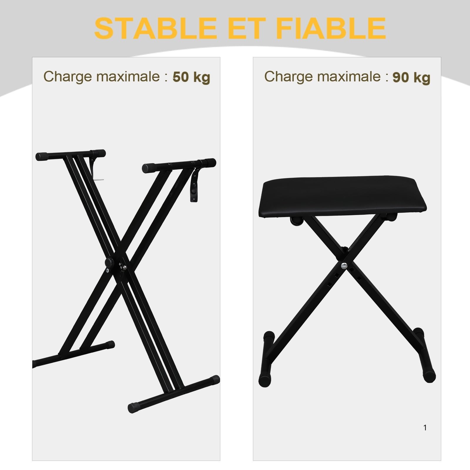 LEADZM Support de Clavier Double Forme X et Tabouret, Support de Piano Réglable en Hauteur sur 6 Niveaux, Tabouret de Piano Pliable pour Clavier, Piano Numérique, Synthétiseur