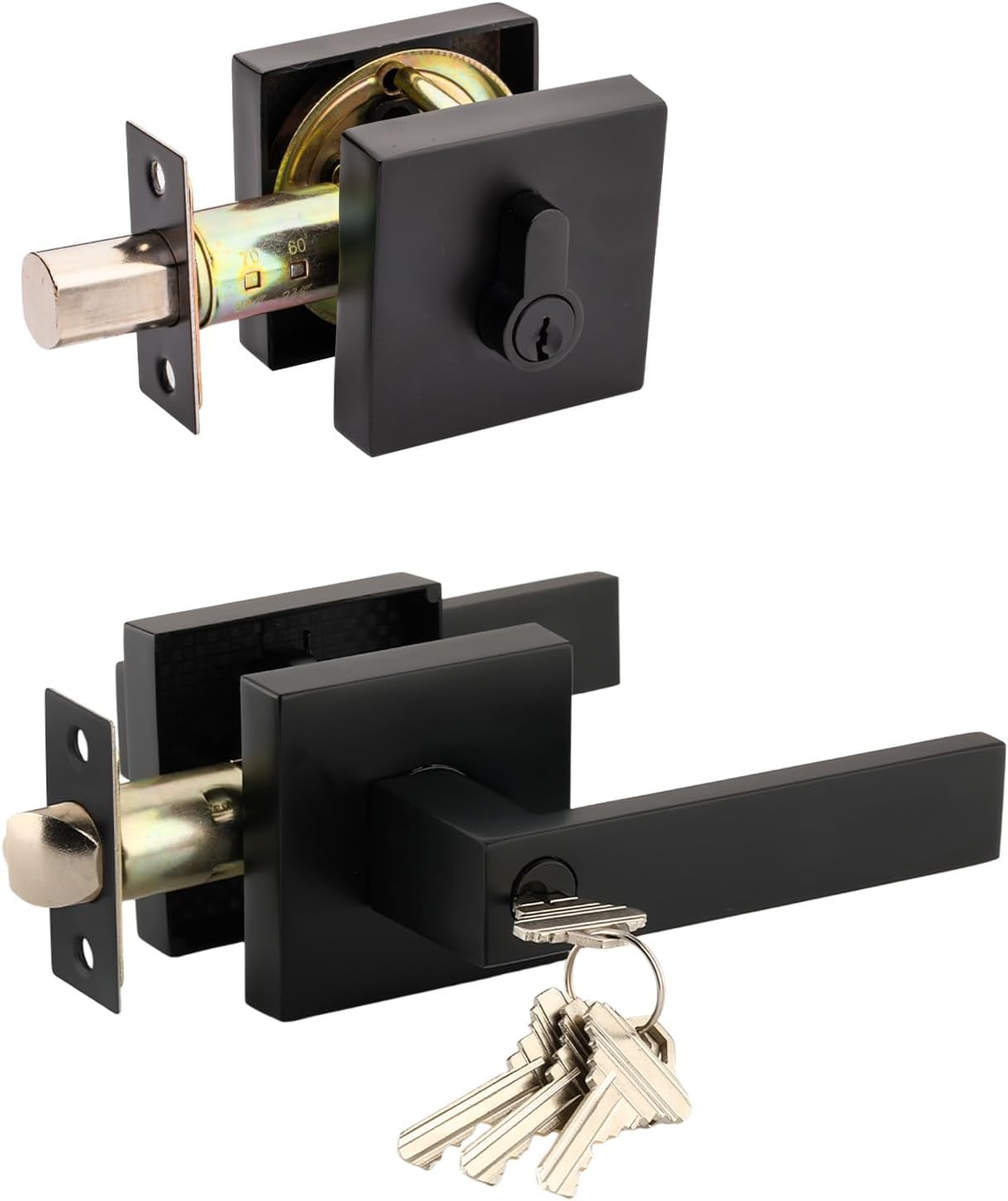 MaxxGeek Matte Black Deadbolt and Door Handle Set, Entry Door Lockset with Deadbolt, Door Handle and Single Cylinder Deadbolt, Heavy Duty Square Entry Door Lock Set for Bedroom, Study and Bathroom.