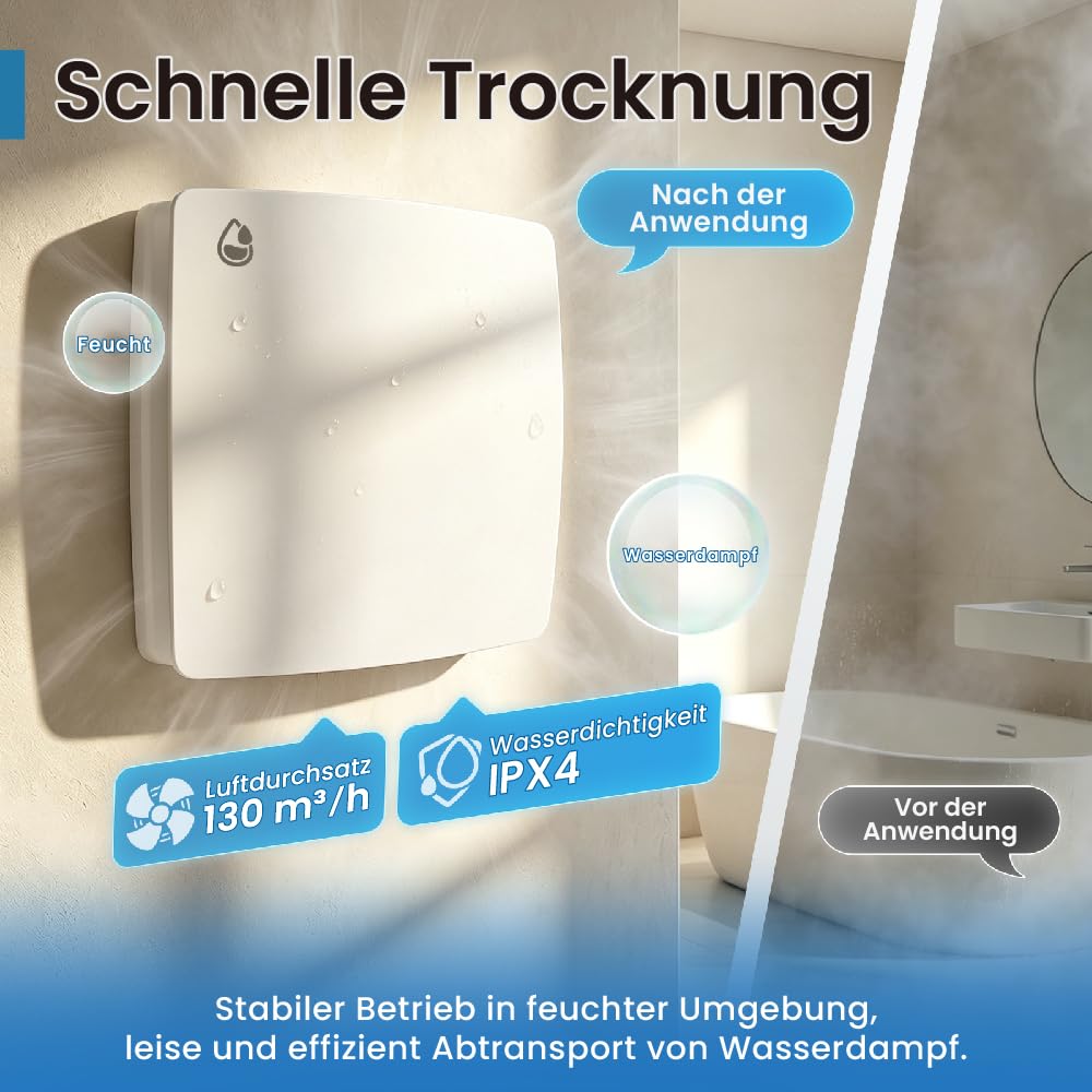 100mm Leiser Badlüfter mit Feuchtigkeitssensor – Weiß