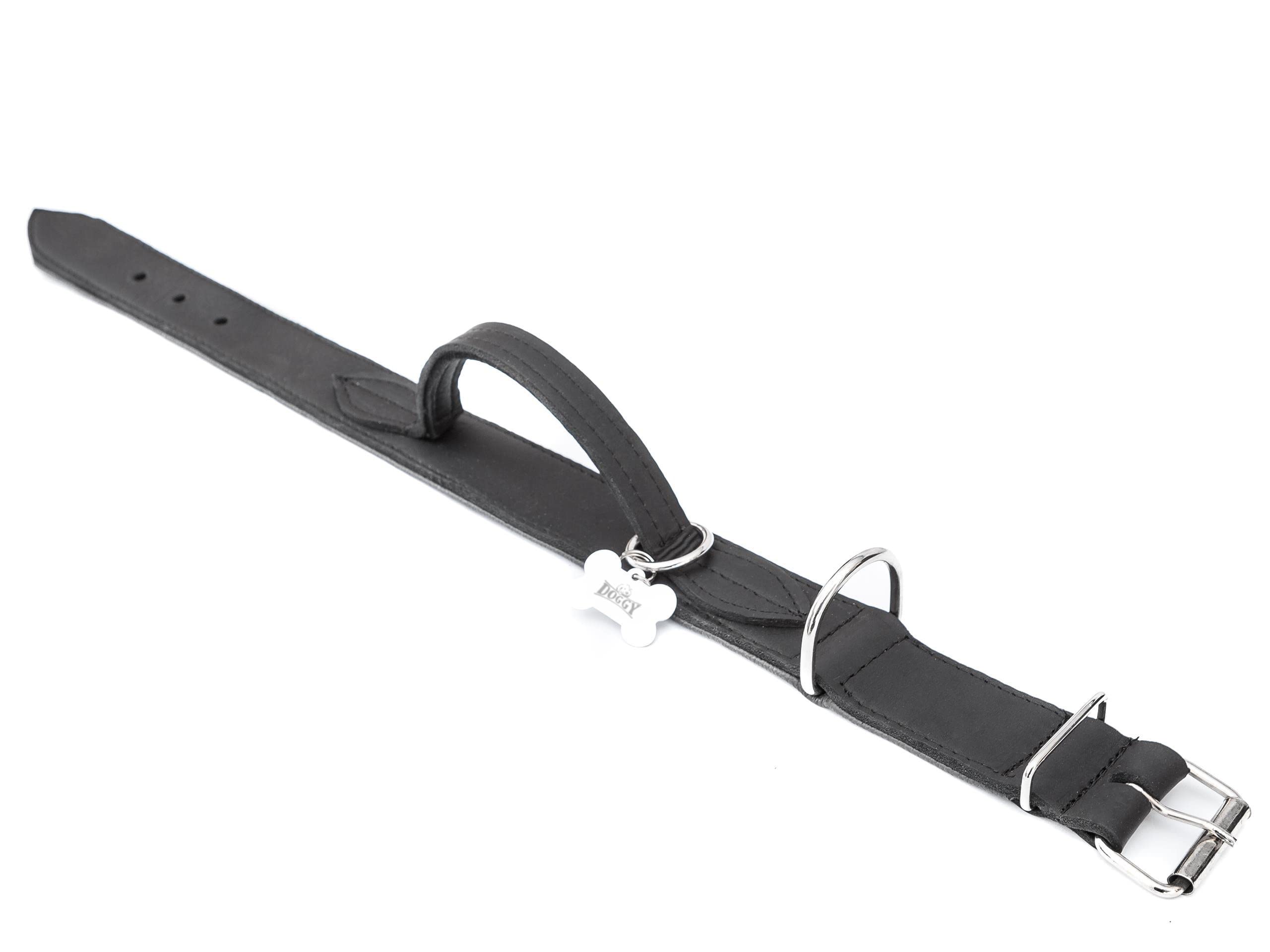 Collier pour chien en cuir avec poignée - Collier en cuir pour chien - Collier avec boucle en métal - Noir - 47-54 cm