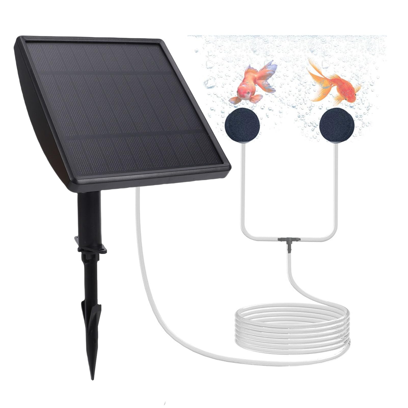 Luocute Solar-Teichbelüfter, 2000 MAh Batterie, Solar-Sauerstoffpumpe mit 2 Luftsteinen und 8,2 Fuß Langem Rohr für Aquarien, Hydrokultur, Kleiner Teich Im Freien