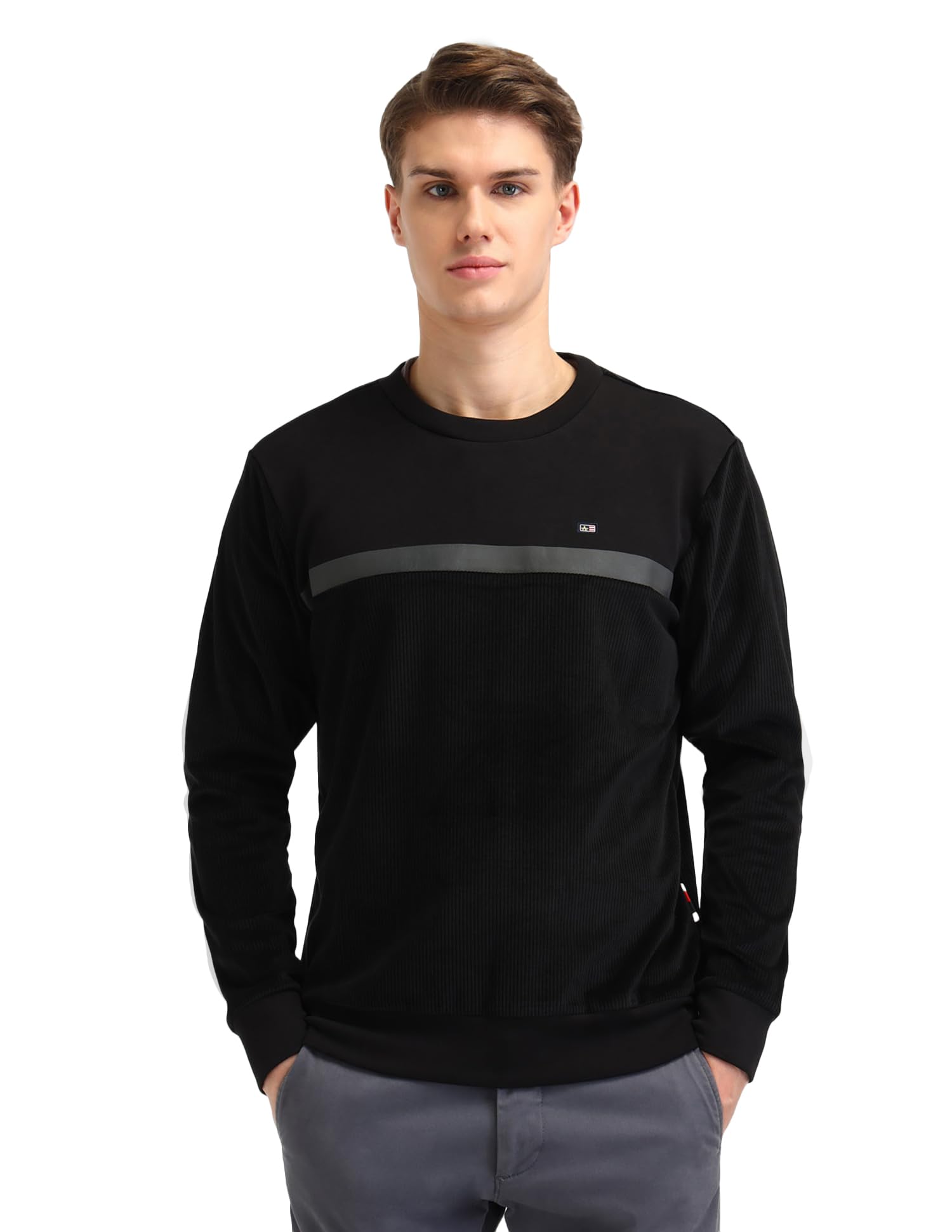 arrow sports Men's Black Striped Crew Neck Long Sleeve Casual Cotton Regular Fit Sweatshirt-picture-13